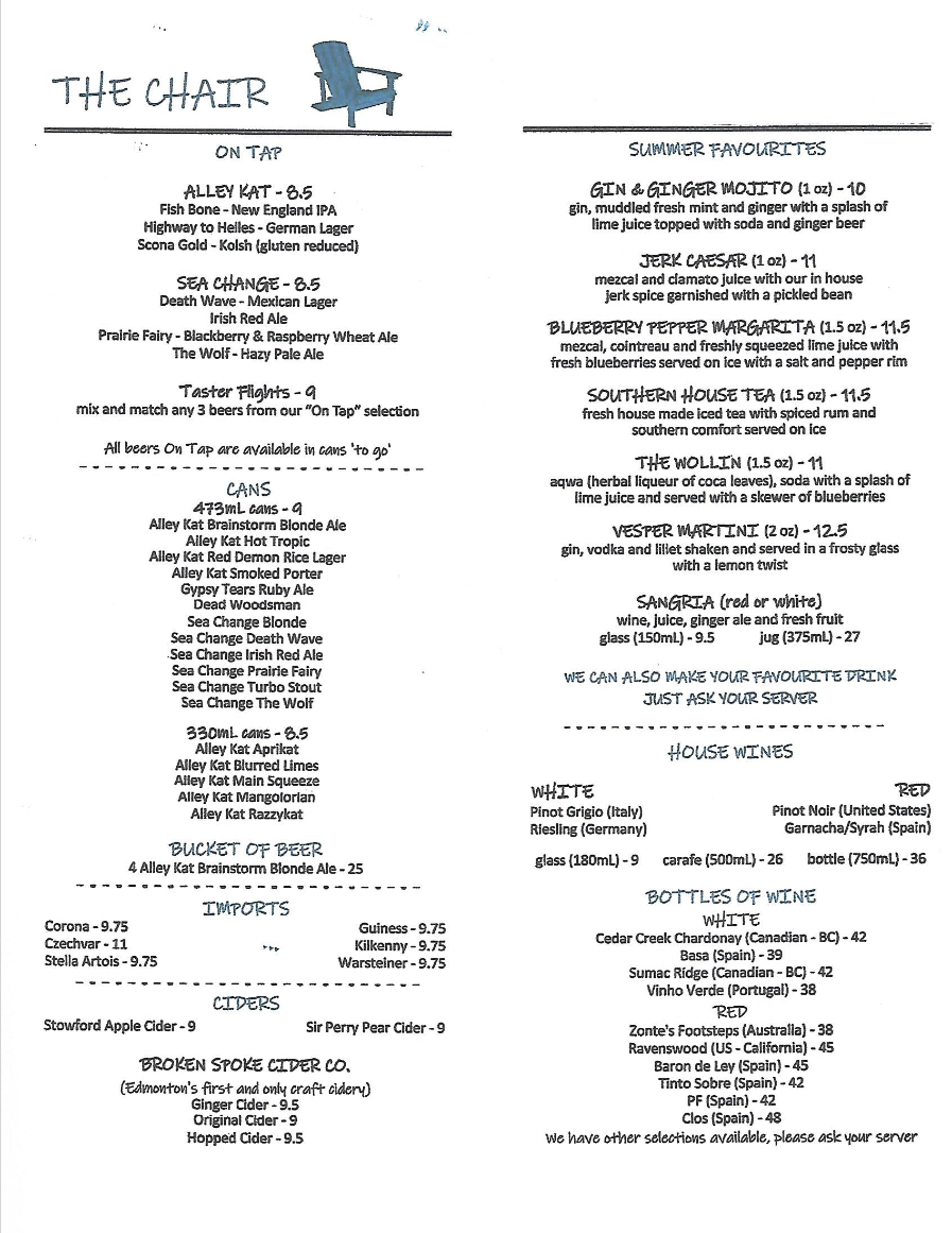 Eat. Hear. Drinks Menu at The Blue Chair Cafe