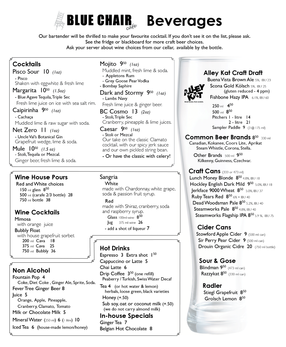 Eat. Hear. Drinks Menu at The Blue Chair Cafe